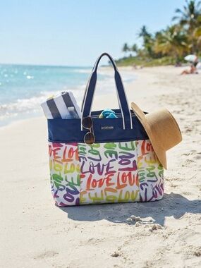 Beach Oversized Tote Bag Rainbow 'LOVE' Print - Navy Trim